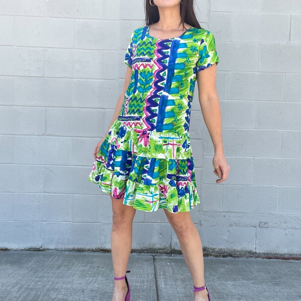 Vintage 1980's Painterly Floral Print Dress